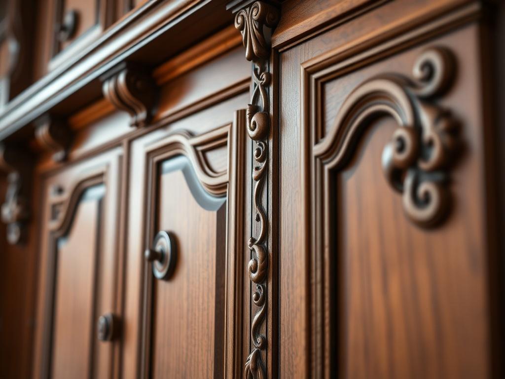 A hyper-realistic close-up shot of a custom millwork masterpiece showcasing intricate wood details and craftsmanship. The subject should be a beautifully crafted wooden cabinet with detailed carvings and a rich finish, highlighting the quality of the materials used. The background should be softly blurred to keep the focus on the cabinet, with warm lighting enhancing the wood textures. The image should exude elegance and craftsmanship, capturing the essence of fine carpentry.
