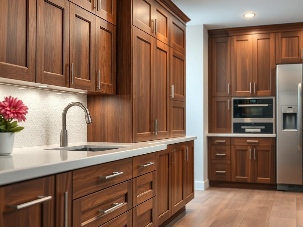 A stunning display of custom cabinetry in a modern kitchen setting, featuring rich wood tones and sleek finishes. The focus is on the craftsmanship, with detailed cabinet doors and stylish hardware. Soft light illuminates the cabinetry, highlighting its features while the kitchen background remains simple and elegant.