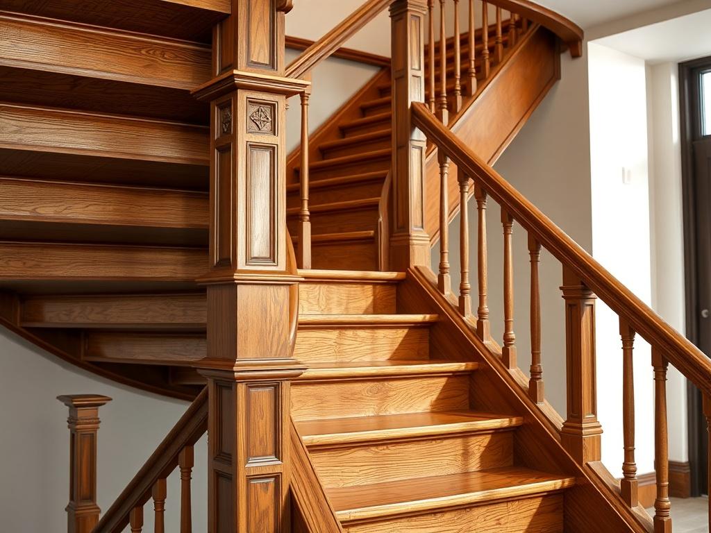A beautifully crafted custom wooden staircase, featuring intricate woodwork and elegant design, set against a modern interior backdrop. The image focuses on the staircase's details, showcasing the finish and craftsmanship, with soft lighting highlighting the textures and curves. The background remains simple and unobtrusive to keep the attention on the staircase.