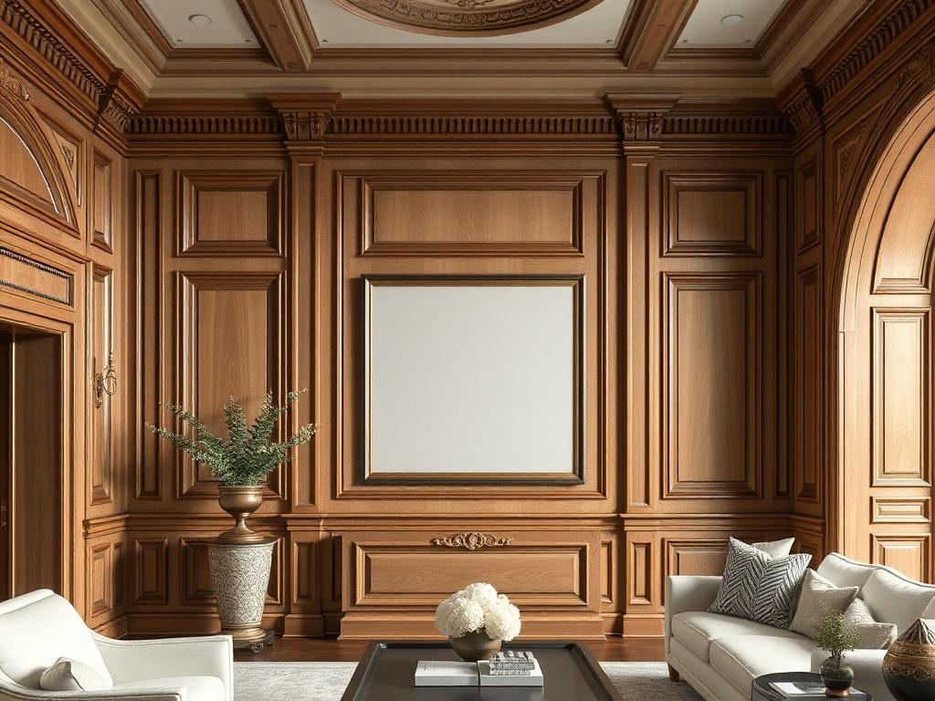 An elegant display of custom millwork, showcasing intricate moldings and paneling in a sophisticated living room. The focus is on the detailed craftsmanship and textures of the wood, with soft lighting emphasizing the beauty of the millwork. The background remains simple to highlight the artistry.