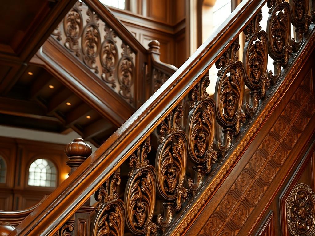 A hyper-realistic close-up shot of a luxurious wooden staircase, showcasing intricate carvings and fine craftsmanship. The staircase is illuminated by soft, natural light, highlighting the rich textures and grains of the wood. The background should be softly blurred, emphasizing the elegance of the staircase design. The image exudes a sense of luxury and sophistication, making it inviting and appealing to discerning homeowners.