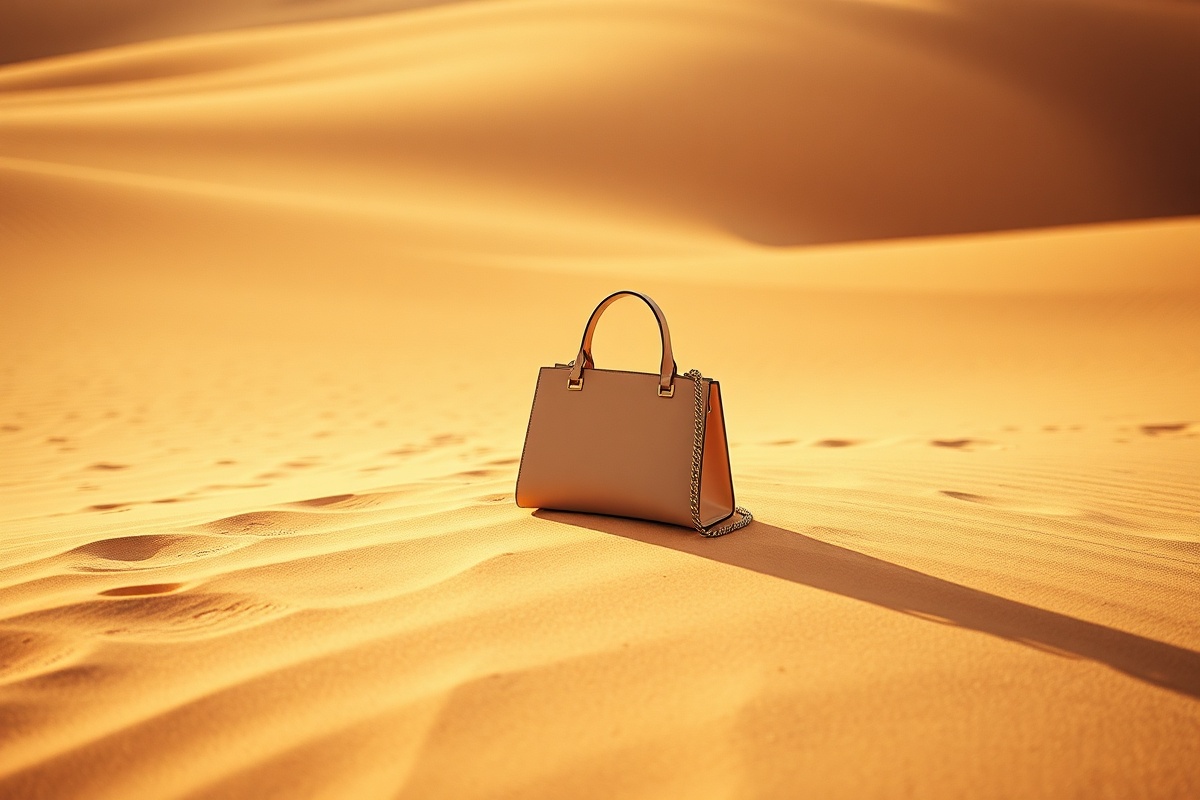 Luxury fashion photography of handbag on desert sand