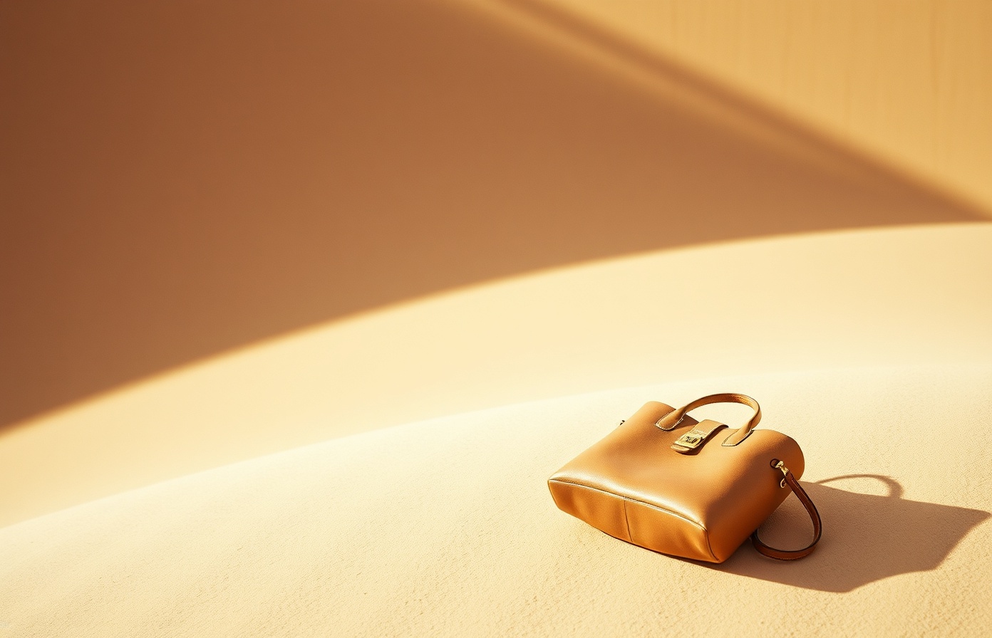 Cinematic luxury desert landscape with handbag and warm light
