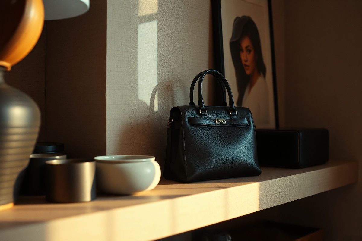 Atmospheric interior with curated luxury accessories on shelf