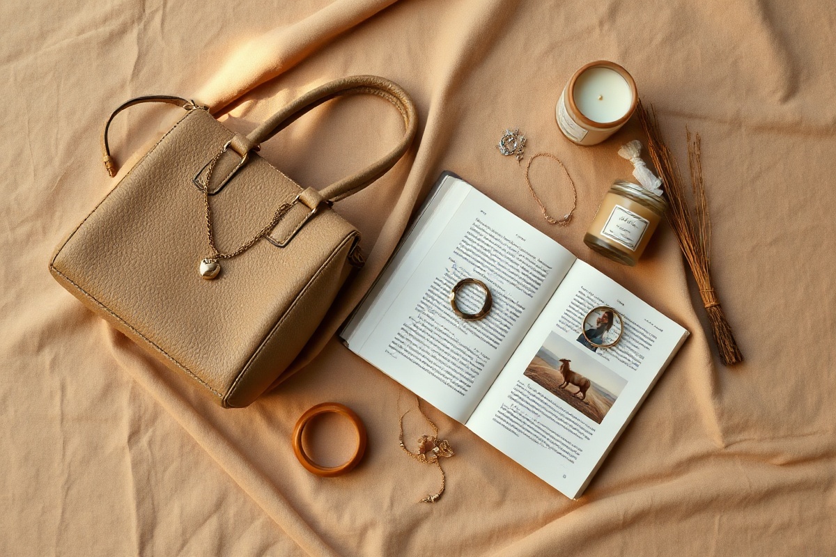 Luxury editorial flat lay with handbag, jewelry, candle, and books