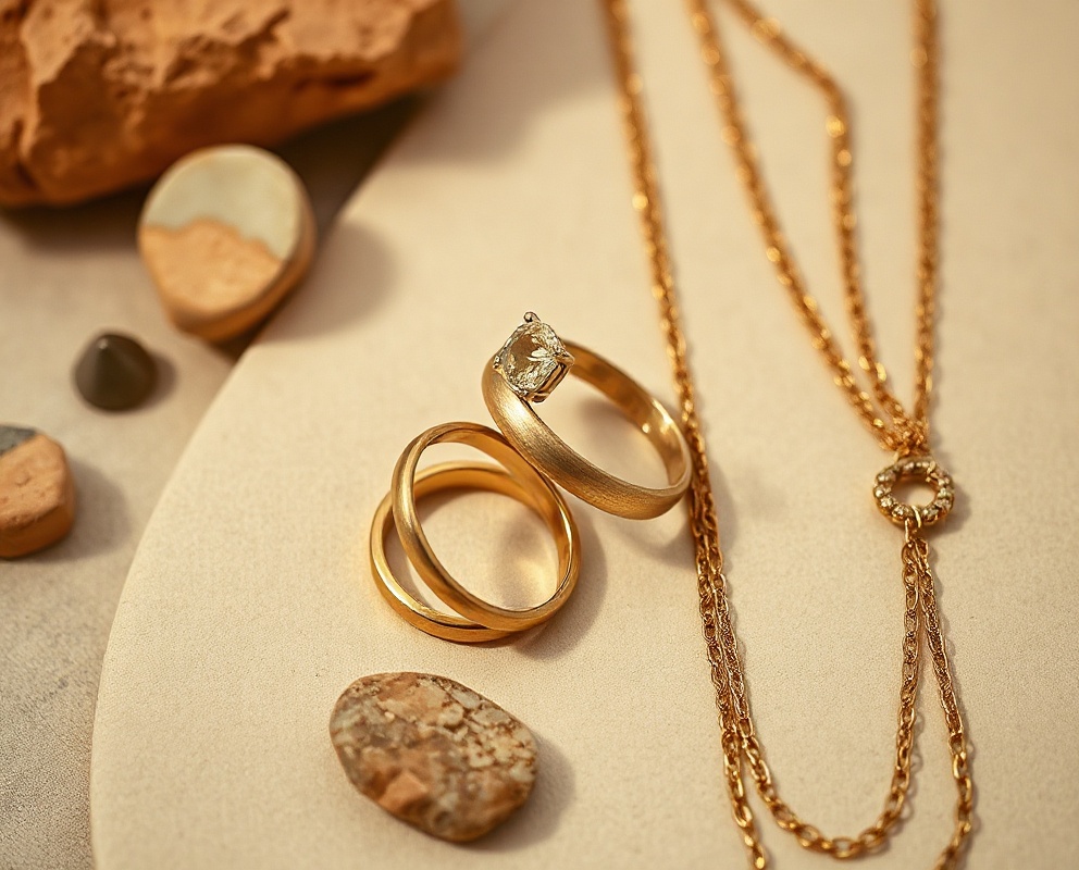 Layered luxury jewelry in gold and brass