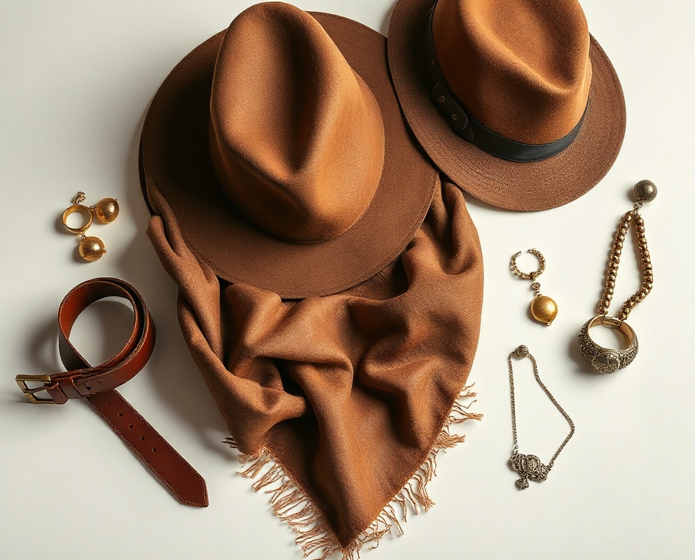 Luxury accessories including hat, belt, and scarf