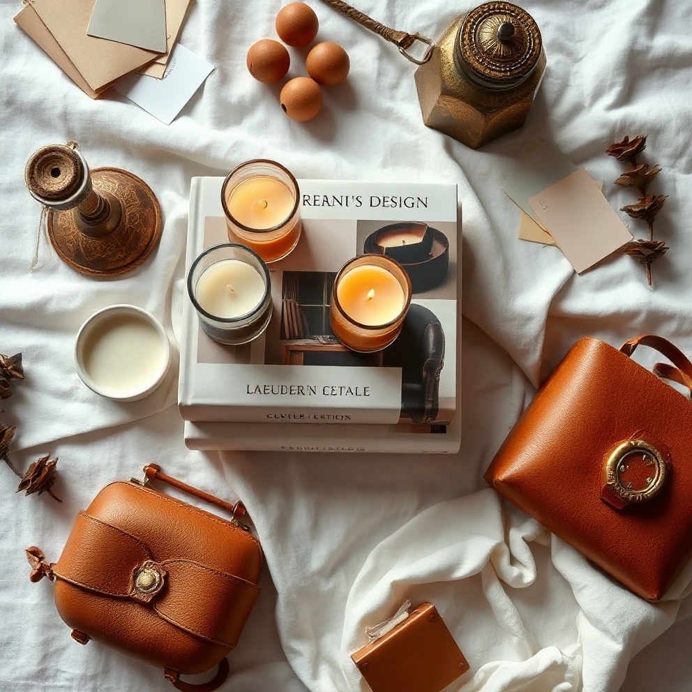 Luxury lifestyle flat lay with books, candles, accessories
