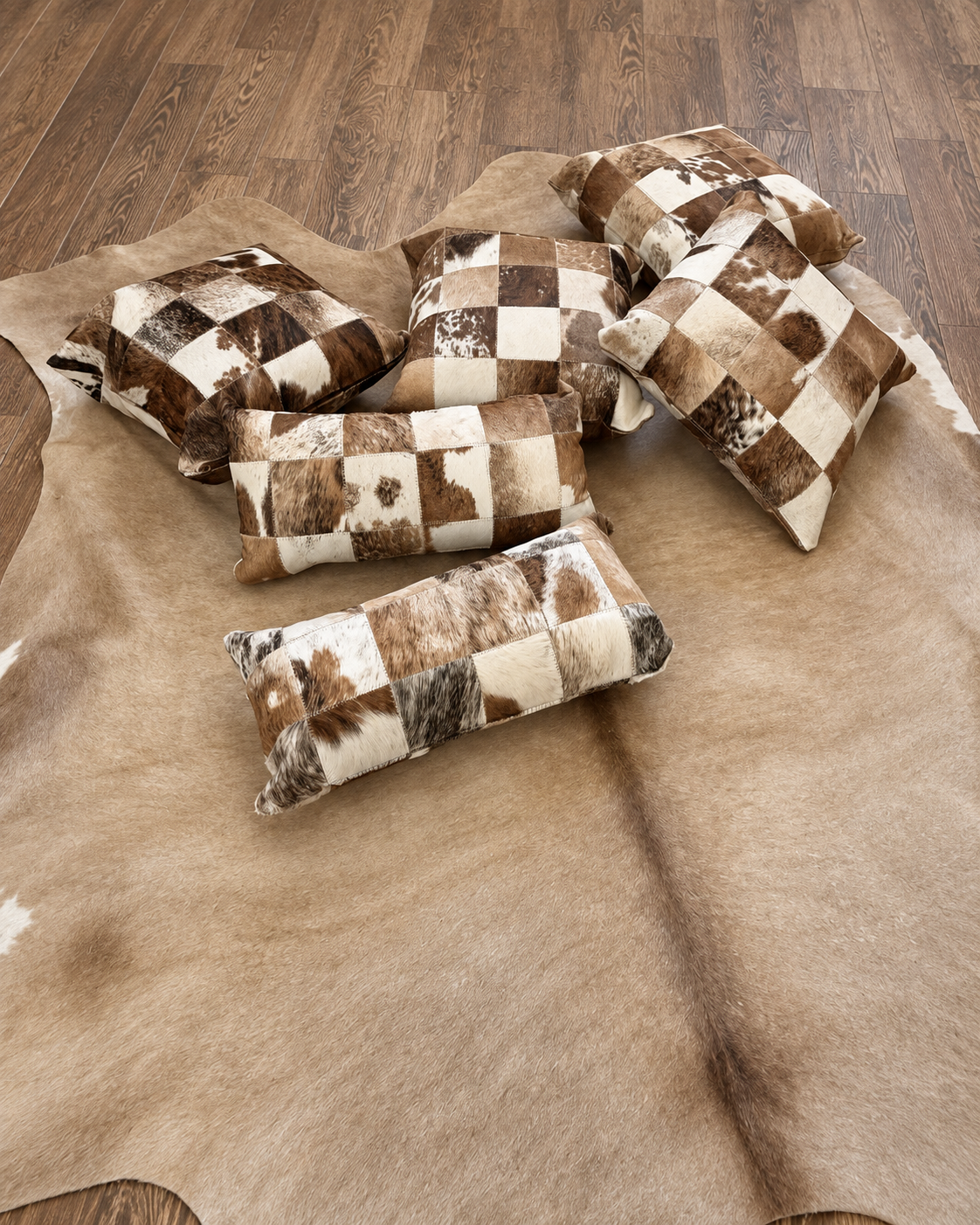 Patchwork cowhide square and lumbar pillows, made in Brazil