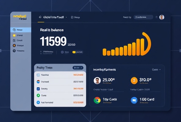 Global InterGold Dashboard showing real-time balance, payment feeds, and card icons