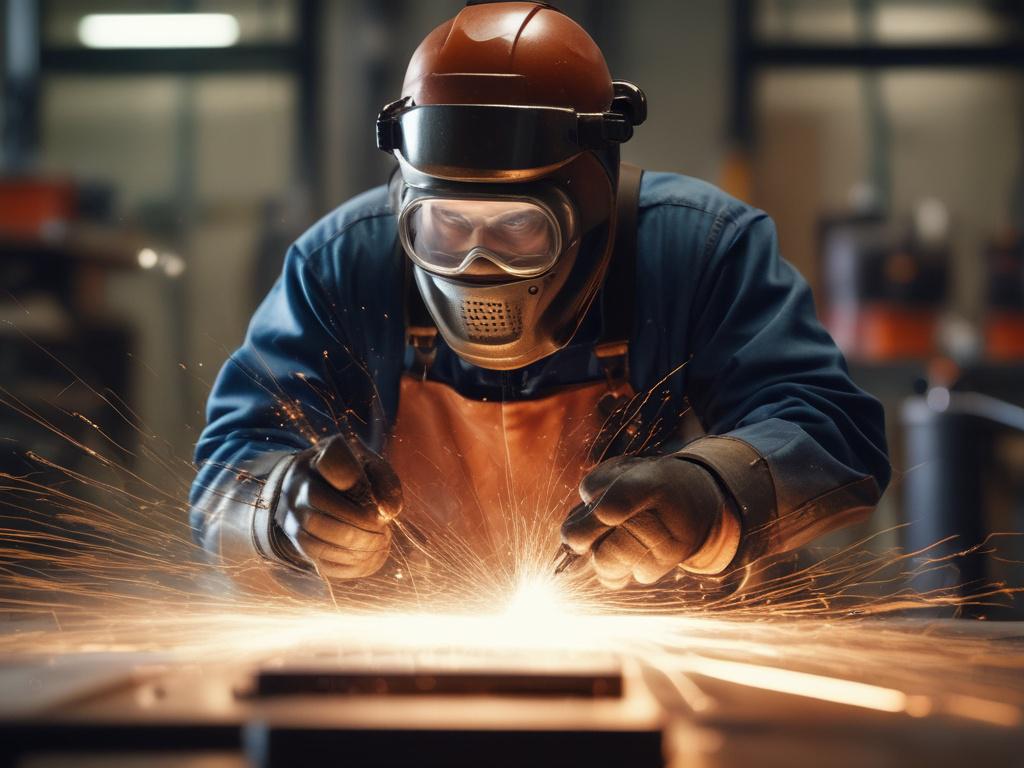 A skilled boiler maker in action, wearing protective gear and focused on welding a metal boiler structure. The scene captures the intensity of the work, with sparks flying around as the welder expertly manipulates the welding torch. The background shows an industrial workshop setting with tools and equipment neatly arranged. The composition is clear and simple, emphasizing the boiler maker as the central subject. The image should reflect a hyper-realistic style, shot with a 45mm f/1.2 lens to highlight the 