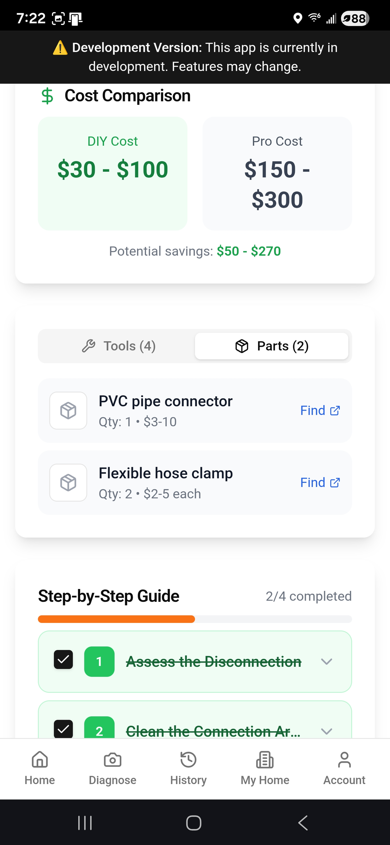 FixFirst app showing saved repair history