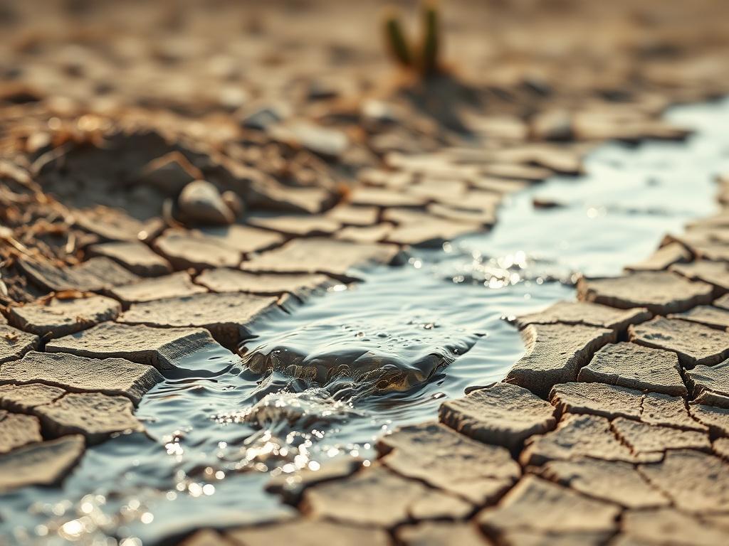 **Prompt for AI Image Generator:**

Create a realistic high-resolution photo depicting a small stream of clear water gently flowing through cracked earth. The image should focus on the stream as the central subject, illustrating the delicate contrast between life-giving water and the arid, parched landscape. Surround the stream with dry, cracked soil to emphasize the metaphor of "rivers in the desert." 

In the background, incorporate a soft, blurred horizon with a few sparse desert plants, such as small ca