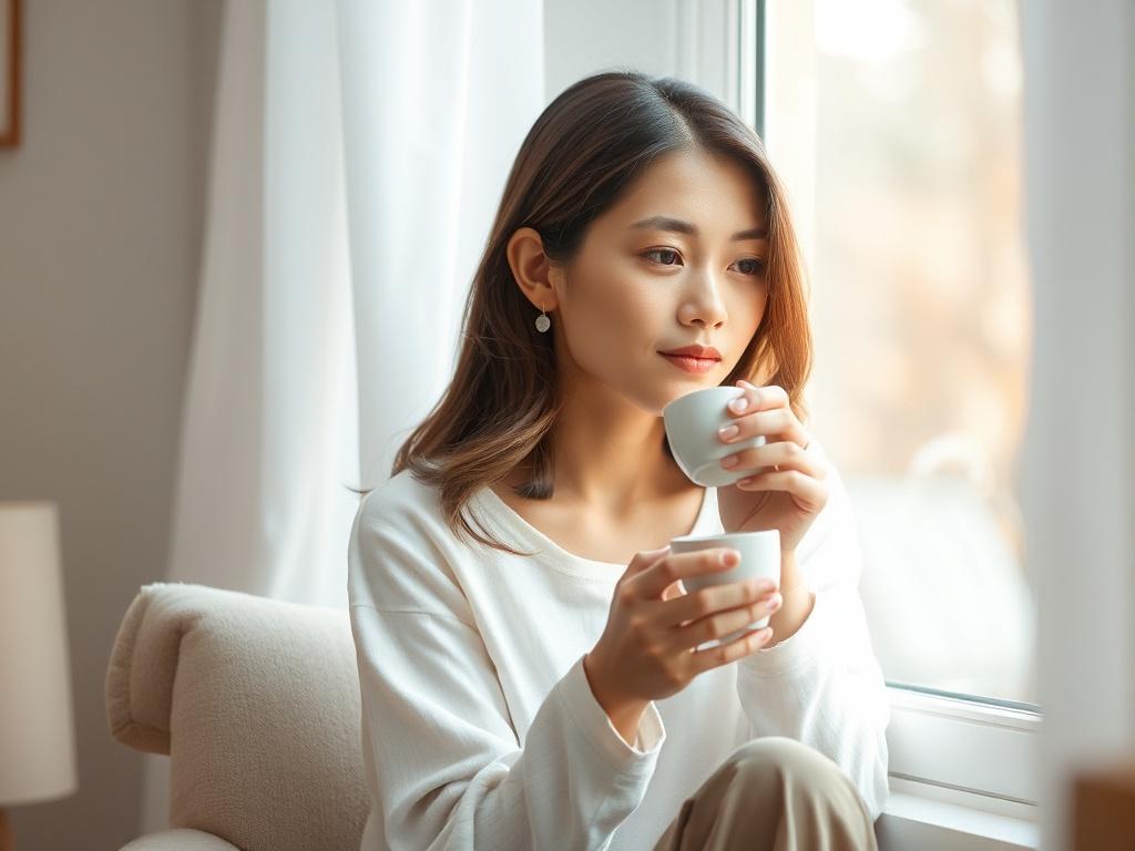 A serene scene featuring a woman sitting by a window, gently sipping tea. The woman has a calm expression, reflecting peace and contemplation. Soft natural light filters through the window, casting a warm glow on her face. The background is simple and uncluttered, with soft tones and a cozy atmosphere, inviting a sense of tranquility. The focus is on the woman, capturing the essence of a peaceful waiting moment.