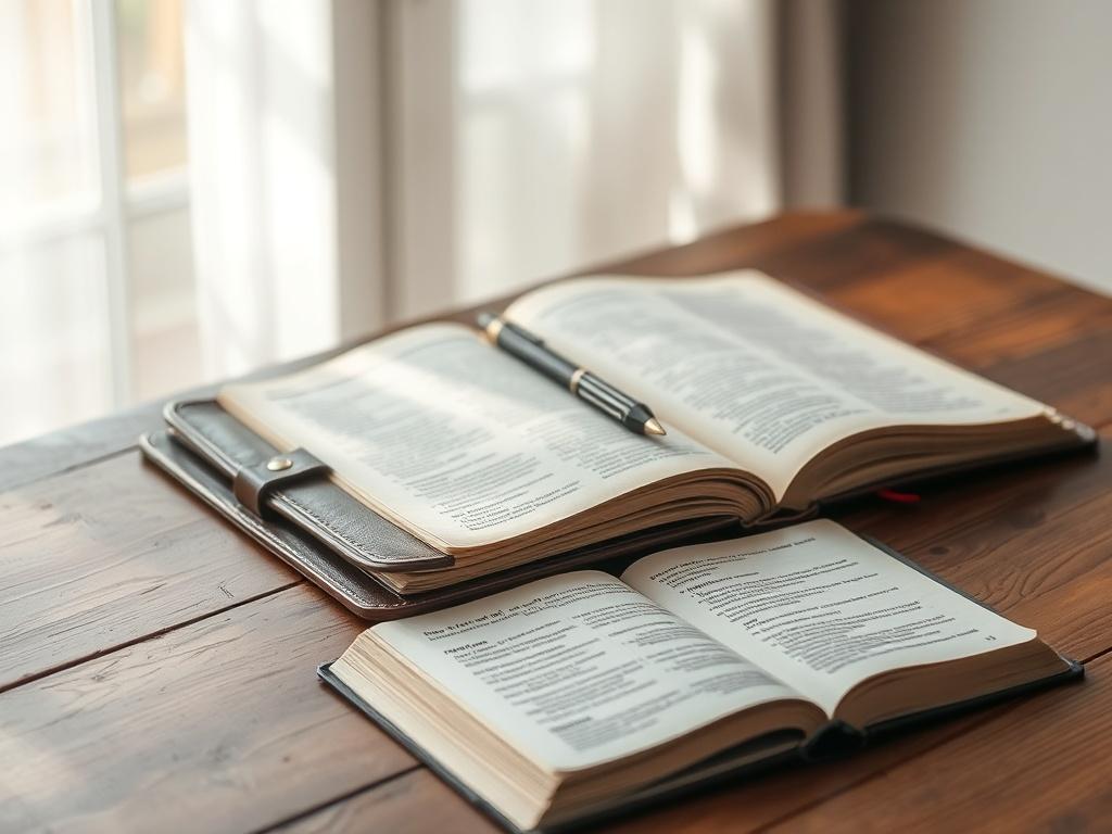 A serene image of a wooden table with a beautifully crafted journal and an open Bible placed on it. The journal is leather-bound with a pen resting on top, inviting personal reflection. The Bible is open, showcasing a highlighted passage that emphasizes faith and spiritual growth. Soft natural light filters in from a nearby window, casting gentle shadows and creating a peaceful atmosphere. The background is softly blurred to keep the focus on the journal and Bible.