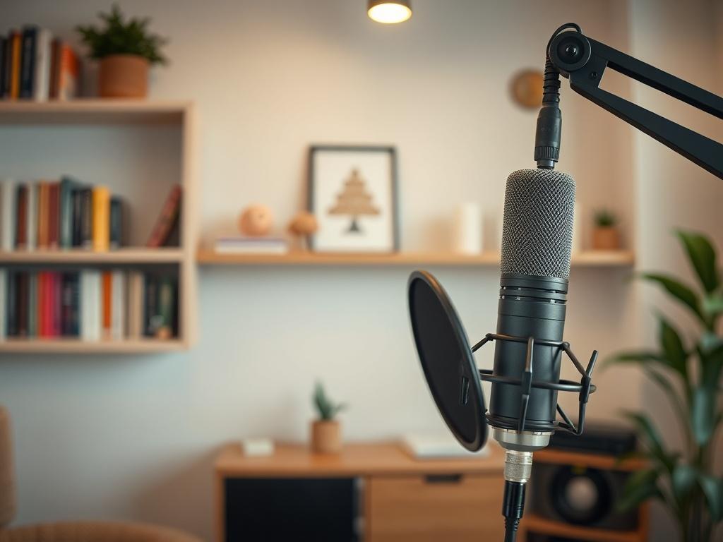 A close-up of a microphone set up in a modern podcast studio, with soft lighting creating a cozy ambiance. In the background, shelves filled with books and decorative elements reflect a space dedicated to meaningful conversations. The composition focuses on the microphone, symbolizing the voice of inspiration.