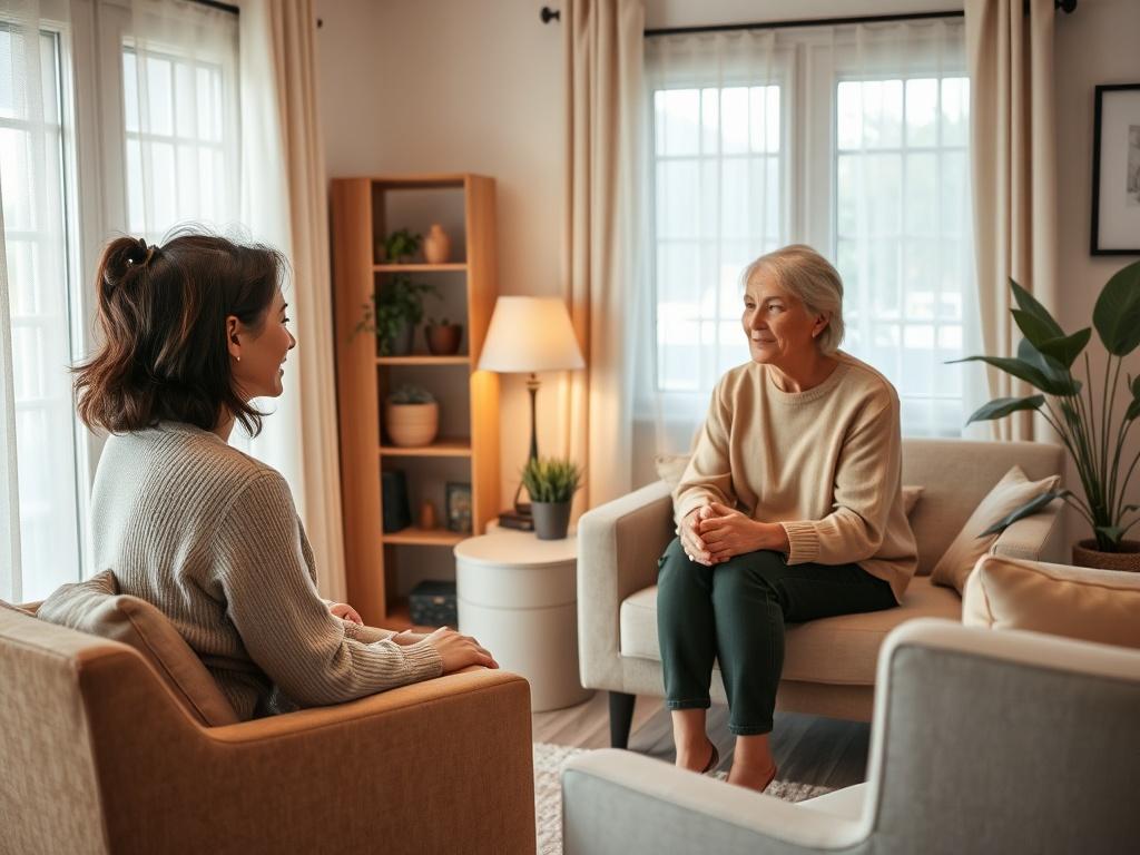 A couple engaged in a coaching session at a cozy, well-lit office space. They sit across from a compassionate coach, who is actively listening and guiding the conversation. The decor is warm and inviting, with soft colors and comfortable furniture, creating a safe space for open dialogue.