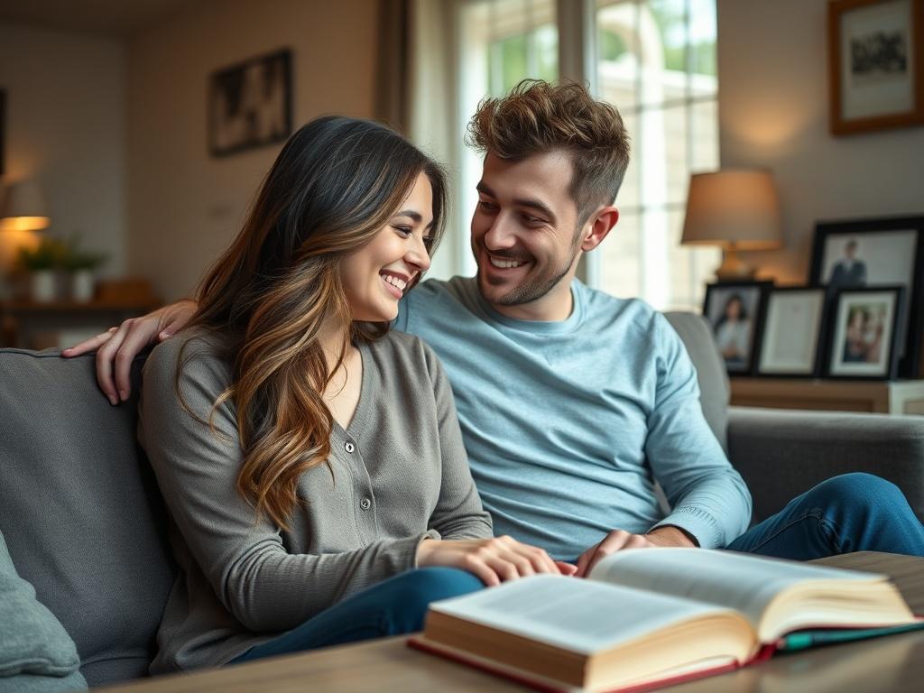 **Image Generation Prompt:**

Create a realistic, high-resolution close-up photograph that embodies the essence of "Building a Christ-Centered Relationship." The image should feature a couple sitting together on a cozy sofa in a warm, inviting living room, bathed in soft, natural light. The couple, both in their late 20s, should be engaged in a deep conversation, illustrating connection and intimacy. The woman, with her long brown hair cascading over her shoulder, should be smiling warmly, while the man, wi