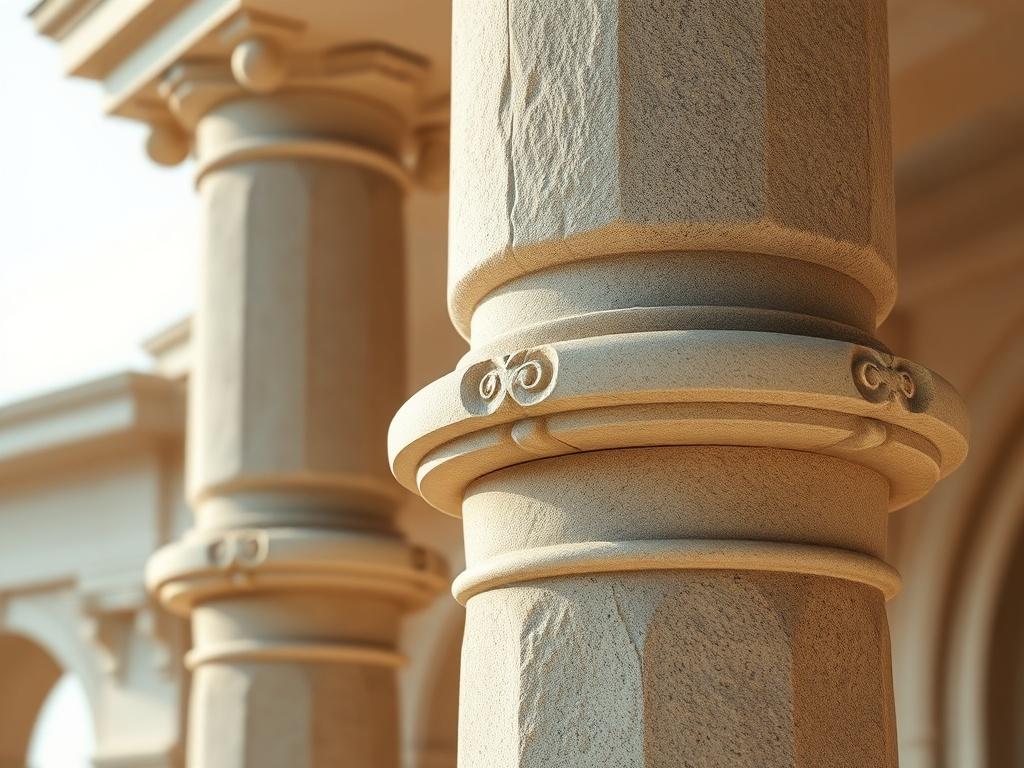 A close-up of a sturdy architectural element, such as a beautifully crafted stone column or archway, showcasing intricate details and craftsmanship. The background should be softly blurred to emphasize the strength and elegance of the column. The lighting should be gentle, highlighting the textures and shadows of the stone, creating a peaceful and inviting atmosphere.