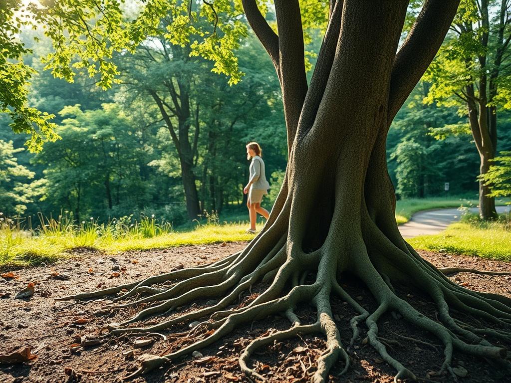 A serene landscape featuring a close-up of intertwined tree roots emerging from the earth. The background showcases a lush green forest with dappled sunlight filtering through the leaves, creating a peaceful and inviting atmosphere. A person is gently walking on a path surrounded by nature, symbolizing the journey of growth and connection to faith. The composition focuses on the roots as a metaphor for being grounded and rooted in Christ, with soft, warm colors accentuating the tranquility of the scene.