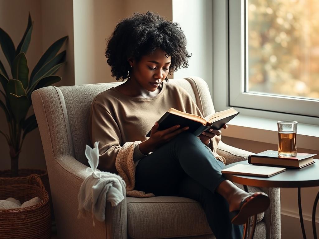 Create a realistic high-resolution image of a black woman sitting comfortably in a serene, softly lit room, deeply engaged in reading her Bible. The composition should focus solely on her as the subject, with the background featuring gentle, muted colors that evoke a peaceful atmosphere, such as soft beige or light pastel tones. She should be seated in a cozy armchair, perhaps with a warm throw draped over one arm. A small side table next to her holds a steaming cup of tea and a few personal items, like a j