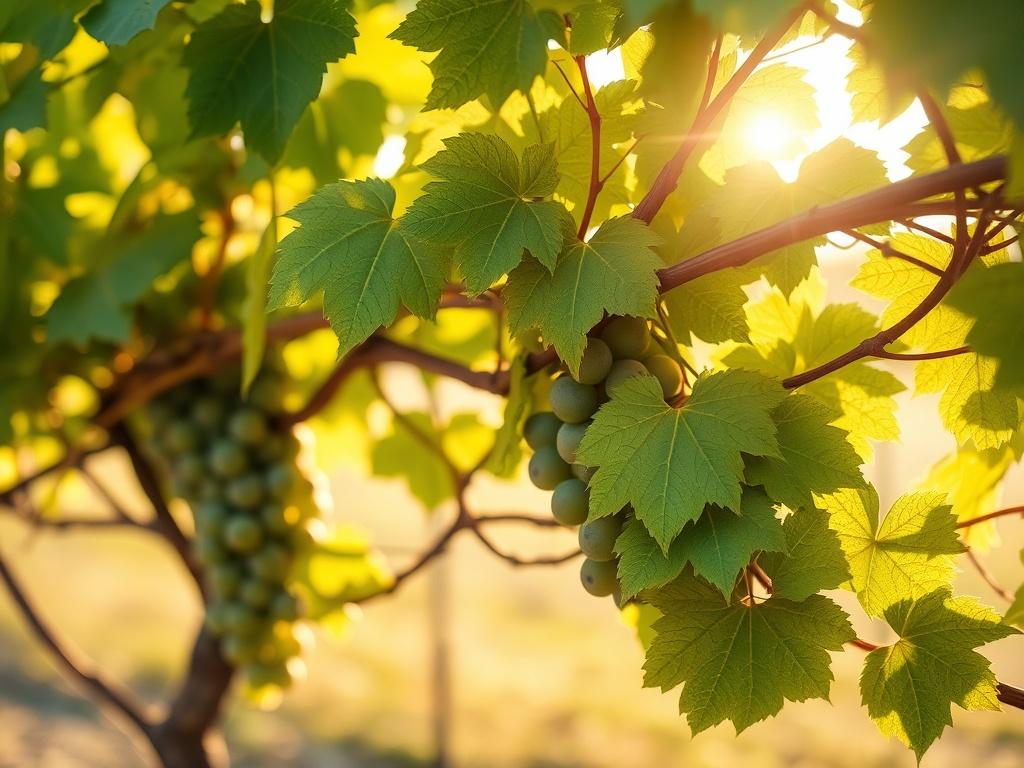 **AI Image Generation Prompt:**

Create a realistic high-resolution photo that captures the essence of connection, growth, and grace through the subject of intertwined grapevines. The composition should be simple and centered around a close-up of lush green grapevine branches. Ensure the vines are elegantly intertwined, showcasing their natural beauty and strength. 

The background should be softly blurred to emphasize the vines, while warm sunlight streams through the leaves, casting gentle, dappled light 