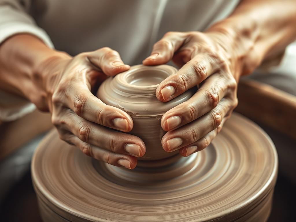 Create a realistic high-resolution image depicting a pair of hands gently shaping a lump of clay on a potter’s wheel. The hands should be aged, symbolizing wisdom and experience, firmly yet lovingly molding the clay into a beautiful form. The composition should be simple and clear, focusing solely on the hands and the clay, illustrating the intimate and transformative process of creation. 

The background should be soft and neutral, featuring a subtle bokeh effect to ensure the viewer's attention remains on