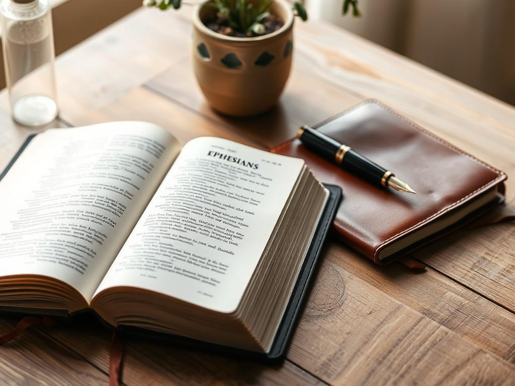 Create a realistic high-resolution image that depicts a serene and inviting setting for a blog titled "Cultivating Faith and Relationships." The composition should be simple and clear, featuring a focal point of a Bible opened to the Book of Ephesians. Beside the Bible, place a beautifully crafted leather journal and a classic fountain pen, symbolizing reflection and intentionality. 

The background should be softly blurred to keep the focus on the Bible, journal, and pen, yet evoke a cozy atmosphere. Incor