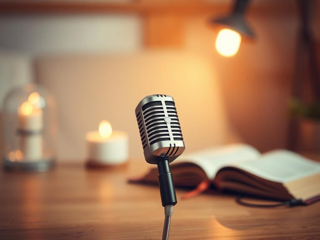 **Prompt for AI Image Generation:**

Create a realistic high-resolution photo featuring a single microphone positioned prominently in the foreground. The microphone should be a sleek, modern design, symbolizing communication and connection. In the background, softly blurred elements of a cozy, faith-inspired setting should be visible—think warm, gentle lighting that evokes a peaceful atmosphere. Perhaps include subtle hints of a well-loved Bible or a journal, suggesting a space for reflection and conversati