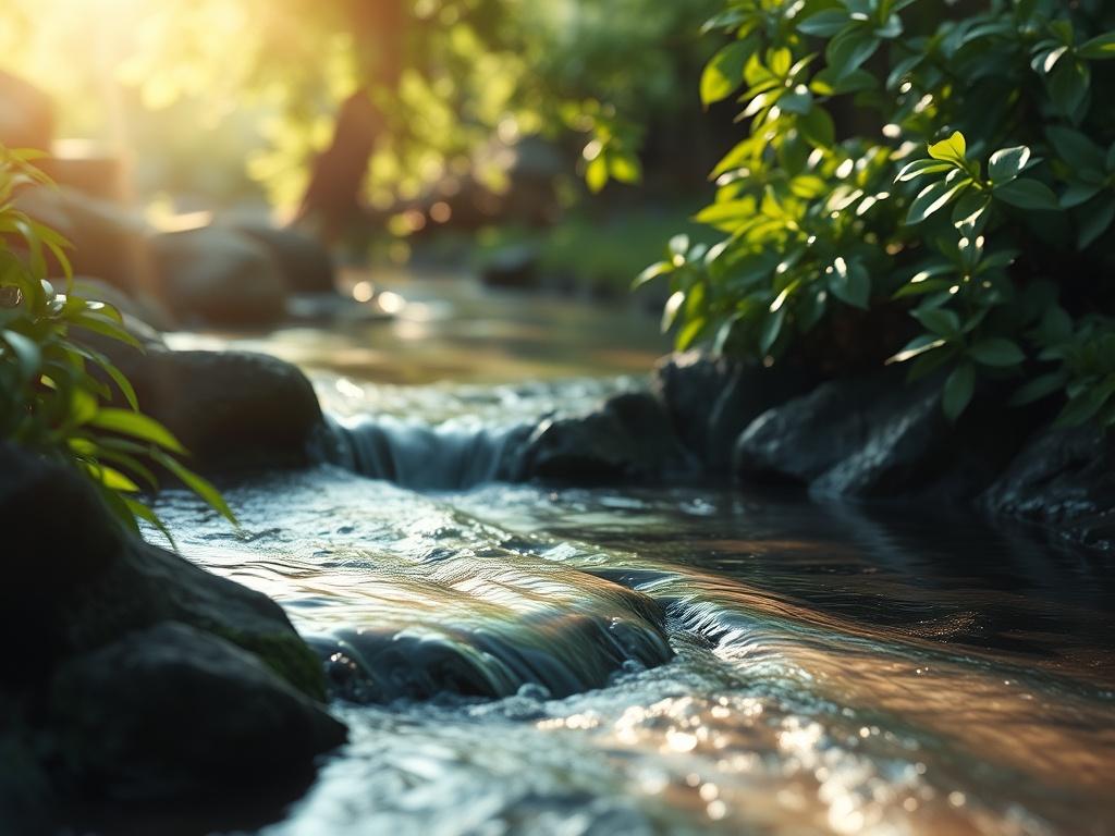 Create a realistic high-resolution image that visually embodies the theme of "Cleansing and Forgiveness." The composition should focus on a flowing stream with gentle ripples, symbolizing the transformative power of water. The stream should be centered in the frame, gracefully winding through a serene natural landscape. Surround the stream with lush greenery, softly lit by gentle, diffused sunlight filtering through the leaves, creating a peaceful atmosphere. The background should feature soft shadows and l