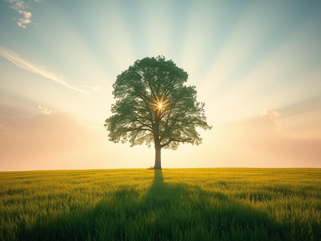 **AI Image Generation Prompt:**

Create a realistic high-resolution image that visually captures the theme of "God's Truth Breaking Through." In this composition, showcase a serene and peaceful landscape at dawn, featuring a single, strong tree standing in a lush green field. The tree symbolizes strength and faith. 

In the background, depict soft, wispy clouds, with rays of warm sunlight breaking through them, illuminating the scene and casting gentle light on the vibrant grass below. The sunlight represen