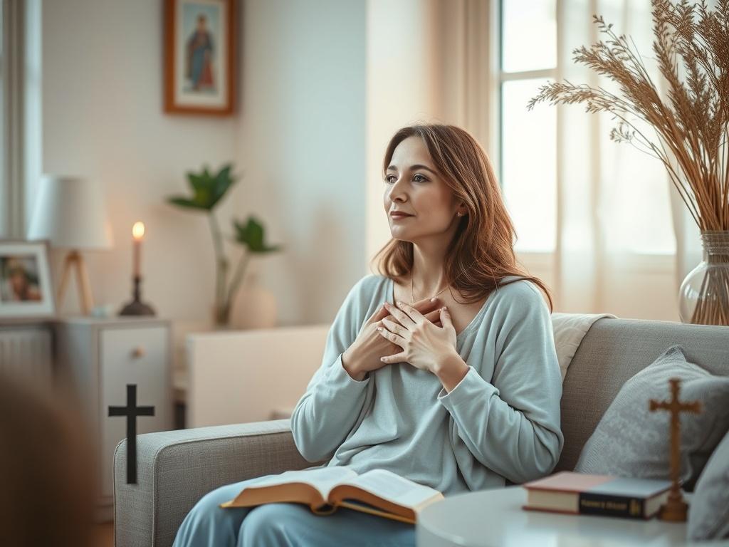 Create a high-resolution, realistic image that embodies the theme of "Surrendering to God in Relationships." The composition should be simple and clear, focusing on a single subject—a woman in a serene, peaceful setting. She should be depicted in a moment of contemplation or prayer, gently resting her hands together in front of her heart, embodying trust and openness. 

The background should feature a softly lit environment, such as a cozy corner of a room with soft, natural light filtering through a nearby
