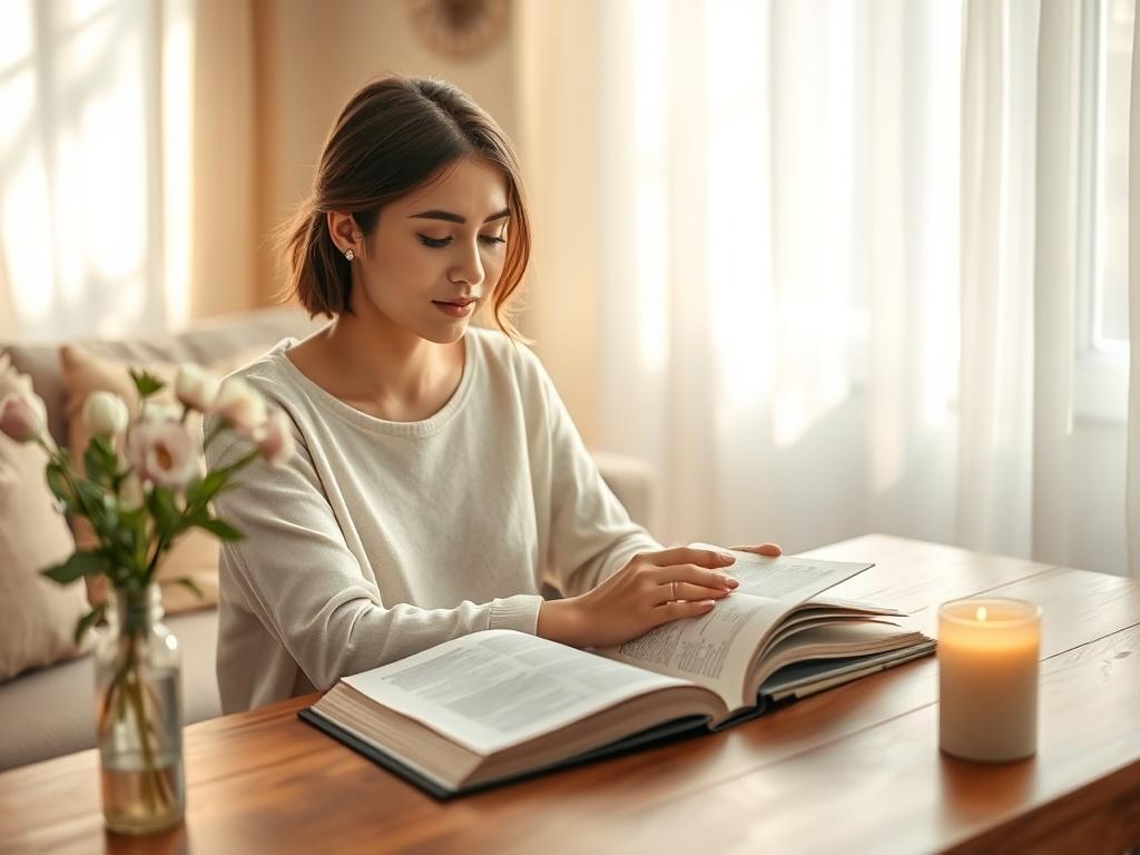 **Prompt for AI Image Generation:**

Create a realistic high-resolution photo that embodies the theme "5 Lessons God Taught Me This Week Through Scripture." The main subject of the image is a serene young woman sitting peacefully at a sunlit wooden table, deeply engrossed in reading an open Bible. Her expression is one of contemplation and inner peace, suggesting she is absorbing the lessons from the scripture. 

In the background, include soft tones of a cozy living space, with gentle lighting filtering th