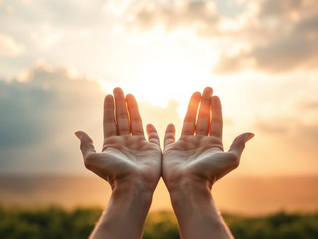 Create a realistic high-resolution photo featuring a single person's hands open toward the sky in a gesture of surrender and dependence. The composition should be simple and clear, focusing solely on the hands, which should be positioned centrally in the frame. 

The background should depict a serene morning landscape, bathed in soft, golden light that filters through gentle clouds. The atmosphere should evoke a sense of peace, with hints of a lush, green horizon subtly blurred to emphasize the hands. The h