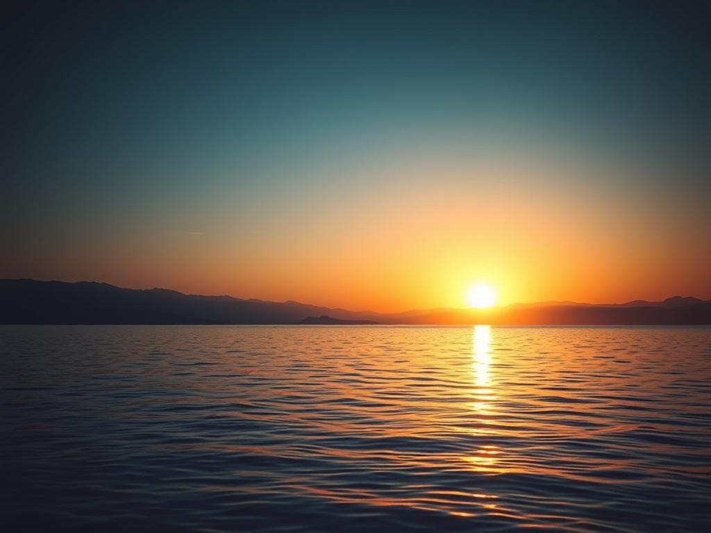 Create a realistic high-resolution photo depicting a breathtaking sunrise breaking through darkness. The composition should feature a single captivating subject: a serene horizon where the sun rises majestically over a tranquil body of water, with distant mountains framing the scene. 

The foreground should show gentle ripples on the water's surface catching the warm light, creating a captivating reflection of the sunrise. The colors should transition from deep blue and navy in the darkness to vibrant hues 