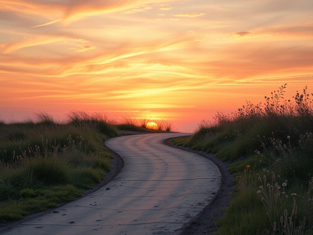 **AI Image Generation Prompt:**

Create a realistic high-resolution image that captures the essence of a winding path leading into a beautiful sunrise or sunset, symbolizing God directing our path. The composition should be simple and clear, focusing on a single subject: the pathway itself. 

The winding path, made of soft earth tones, should gracefully curve through a serene landscape, inviting viewers to follow its journey. The background should feature a tranquil sky painted with warm hues of orange, sof