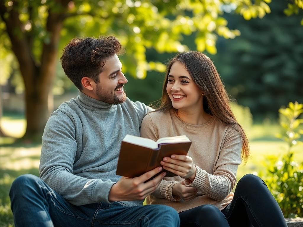 **Image Generation Prompt:**

Create a realistic high-resolution photo focusing on a single subject that beautifully encapsulates the theme "Cultivating Christ-Centered Relationships." The composition should be simple and clear, featuring a close-up of a young couple engaged in a meaningful conversation, demonstrating warmth and connection. The couple should be depicted sitting together in a serene outdoor setting, such as a peaceful park or a lush garden, surrounded by soft greenery and dappled sunlight fi