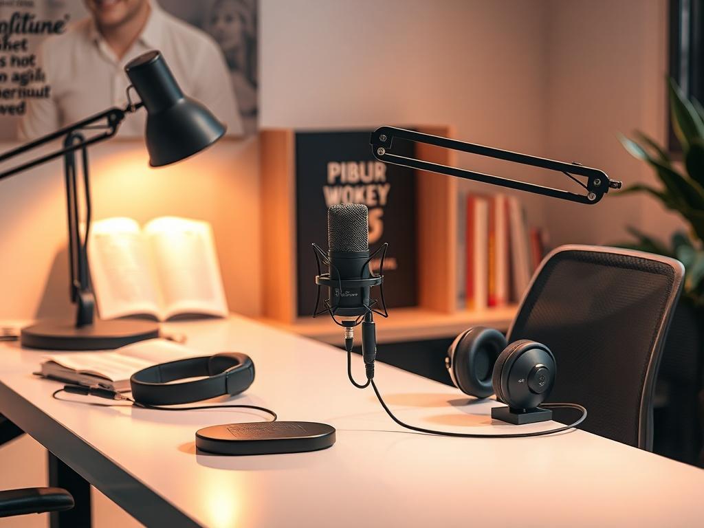 A modern podcast studio setup with a microphone and headphones on a sleek table. Soft lighting creates a warm ambiance, while a few inspirational books are placed in the background. The atmosphere is inviting for engaging discussions.