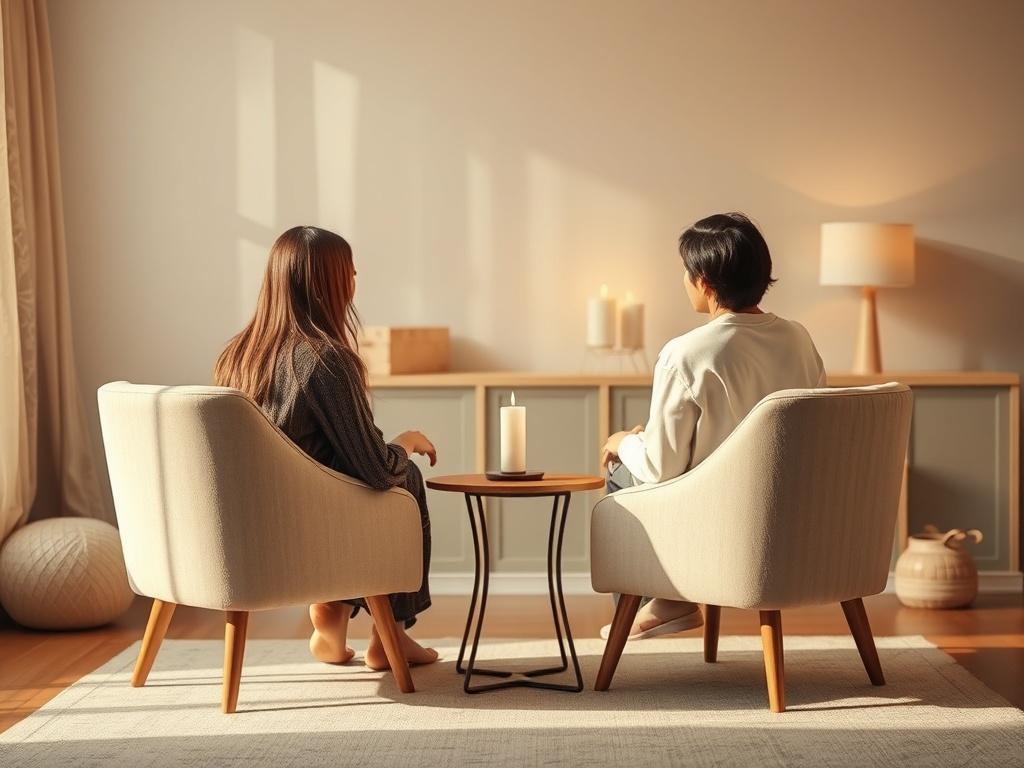 A cozy, inviting room with two chairs facing each other, a small table in between holding a candle. Soft, warm lighting creates an intimate atmosphere. The background features gentle decor elements, emphasizing the nurturing environment for couples.