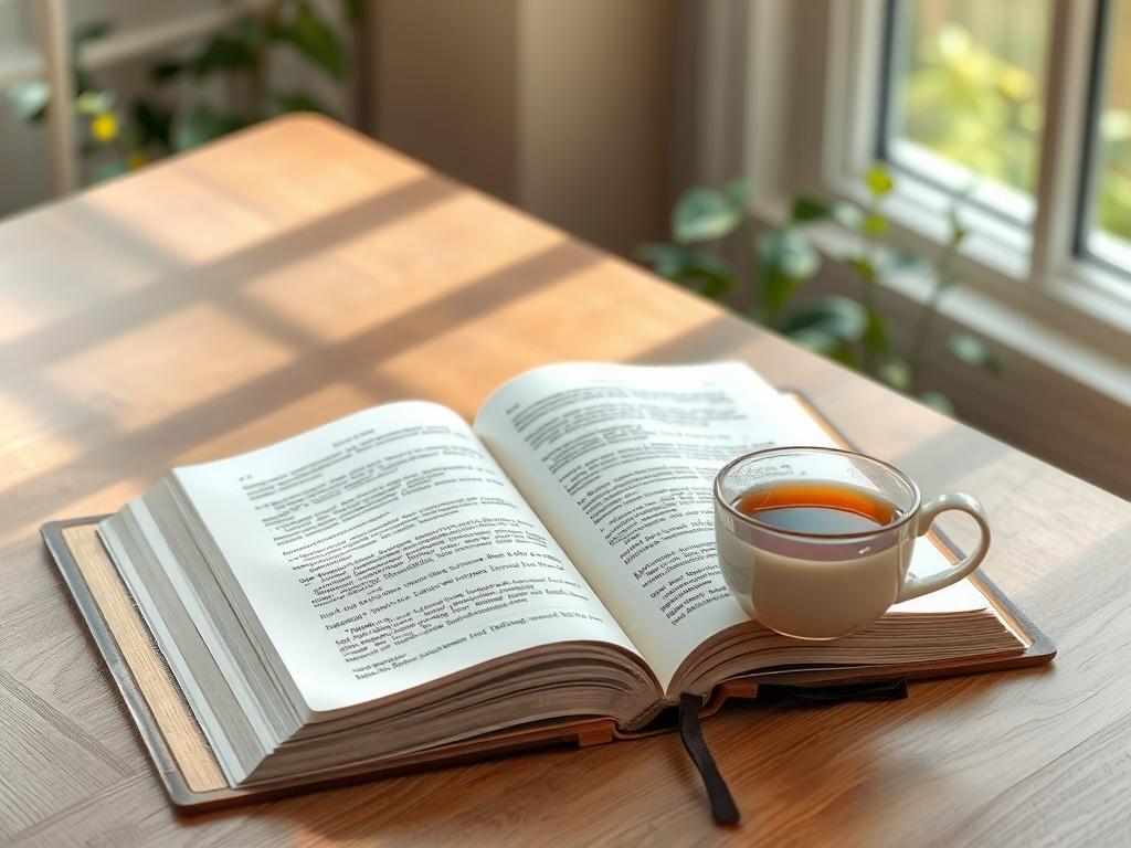 A serene setting featuring an open devotional book on a wooden table, surrounded by soft natural lighting. A cup of tea sits beside the book, with gentle greenery in the background. The atmosphere is peaceful, inviting reflection and contemplation.