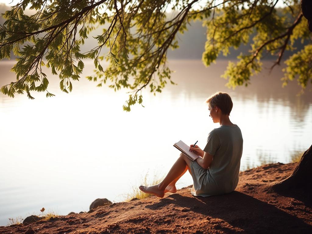 A serene setting with a person sitting by a calm lake, journaling and reflecting on their life purpose, soft sunlight filtering through trees, creating a peaceful atmosphere.