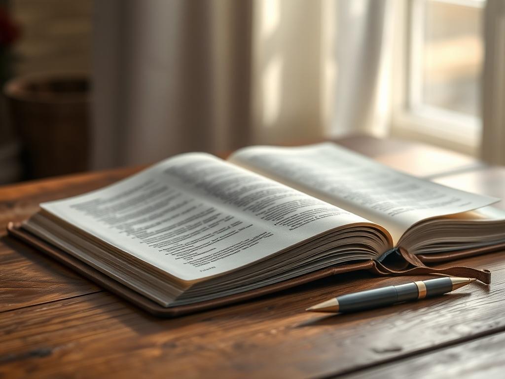 A high-resolution photo of an open devotional journal with a soft leather cover, lying on a wooden table. The background features a gentle morning light filtering through a window, casting soft shadows. A pen rests beside the journal, creating a serene and inviting atmosphere.