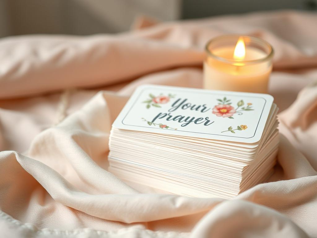 A high-resolution photo showcasing a stack of beautifully illustrated prayer cards with floral designs, placed on a soft pastel fabric. A warm candle flickers in the background, creating a peaceful and inviting atmosphere that promotes reflection and connection.