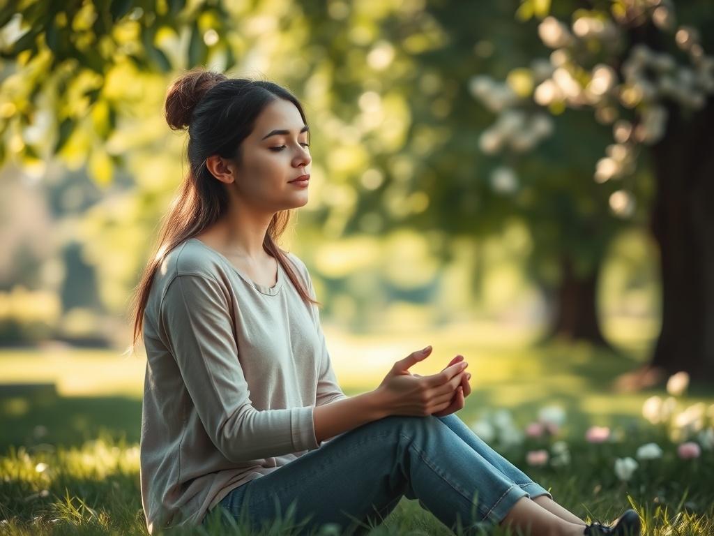 Create a realistic high-resolution image that embodies the theme "Cultivating Christ-Centered Relationships." The composition should feature a single subject: a young woman sitting peacefully in a sunlit park, deep in prayer or contemplation, with her hands gently clasped together. She should have a serene expression that reflects inner peace and devotion. 

In the background, include soft-focus elements such as lush green trees and blooming flowers, creating a calming and inviting atmosphere. The lighting 