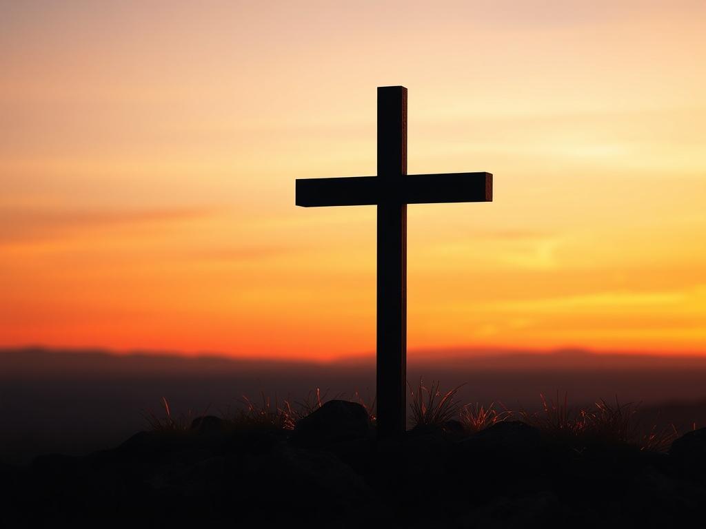 Generate a realistic high-resolution image of a solitary cross silhouetted against a breathtaking sunrise or sunset. The cross should be positioned in the foreground, drawing the viewer’s attention with its powerful symbolism of victory, hope, and God’s love showcased at Calvary. The sky should be painted in soft tones of orange, pink, and purple, creating a gentle and serene atmosphere that evokes a sense of peace and reflection. The horizon should be unobstructed, fading into a soft gradient, while the gr