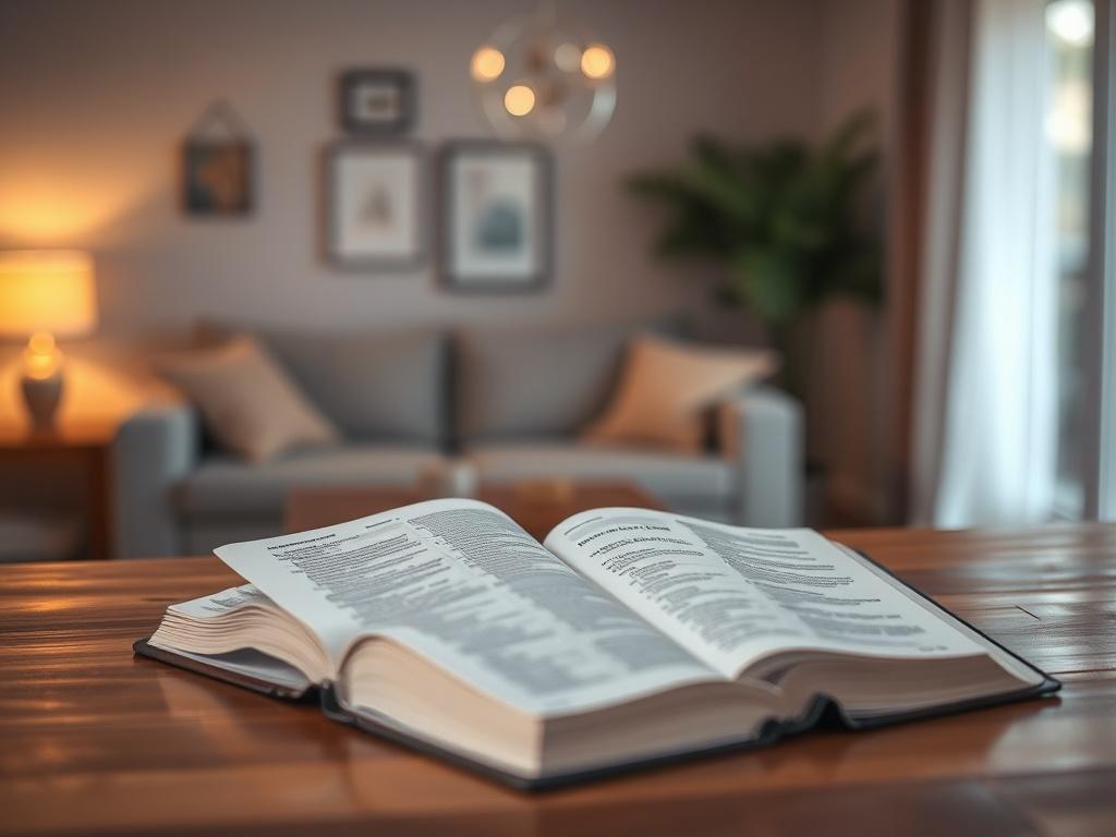 A serene, high-resolution image of an open devotional guide resting on a wooden table, surrounded by a soft, tranquil ambient light. The background features a gentle blurred view of a cozy living room with warm, inviting colors, creating a peaceful atmosphere.