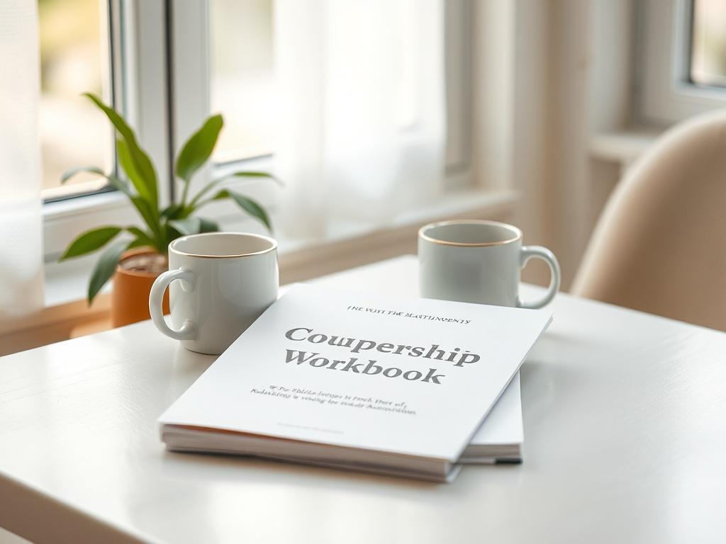 A high-resolution image of a couples' relationship workbook lying next to a pair of coffee mugs on a table, with soft natural light filtering through a nearby window. The setting should evoke a sense of warmth and connection, ideal for couples working on their relationship.