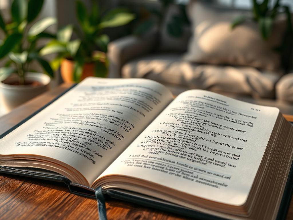 A close-up shot of an open Bible, resting on a wooden table with a soft, warm light illuminating the pages. The focus is on highlighted verses that speak about love and relationships. In the background, a blurred image of a serene living space with plants, creating a peaceful atmosphere that reflects faith and intentional living.