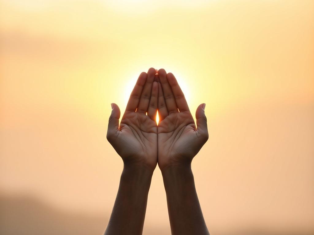 Create a realistic high-resolution image featuring a single pair of hands lifted in surrender against a soft, serene background. The hands should be positioned in the foreground, palms open and facing upwards, symbolizing reliance on God’s strength and guidance. The skin tone of the hands should reflect diversity, representing a broad spectrum of the Christian community.

The background should be softly blurred, depicting a gentle sunrise or sunset with warm, inviting colors like soft yellows and pinks that
