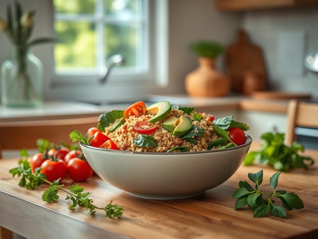 Create a realistic high-resolution photo depicting a vibrant, healthy meal set on a wooden table, reflecting the theme of "Unlocking Energy: Nutrition Tips for Busy Professionals." The composition should be simple and clear, focusing on a single subject: a beautifully arranged bowl of colorful quinoa salad, featuring an array of ingredients such as cherry tomatoes, leafy greens, avocado slices, and sprinkled nuts. Surround the bowl with fresh herbs for added texture. 

The background should be softly blurre